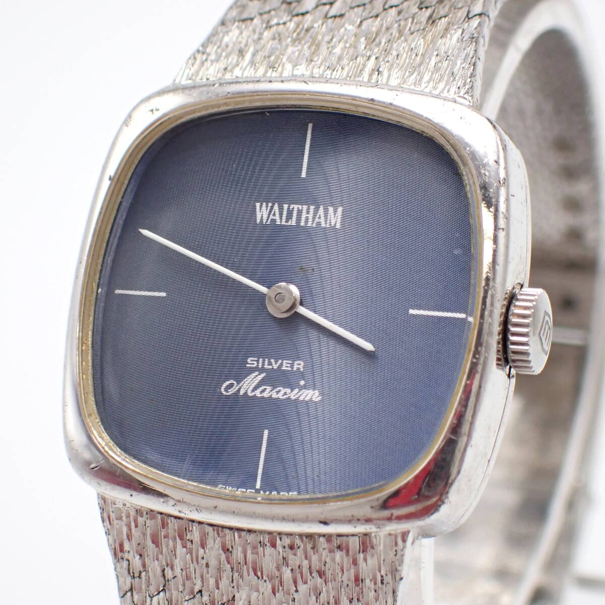 稼働品 1円～☆WALTHAM ウォルサム 手巻き レディース腕時計 Maxim マキシム W6A0317 Silver 0.925刻印 青文字盤 スクエア アンティーク