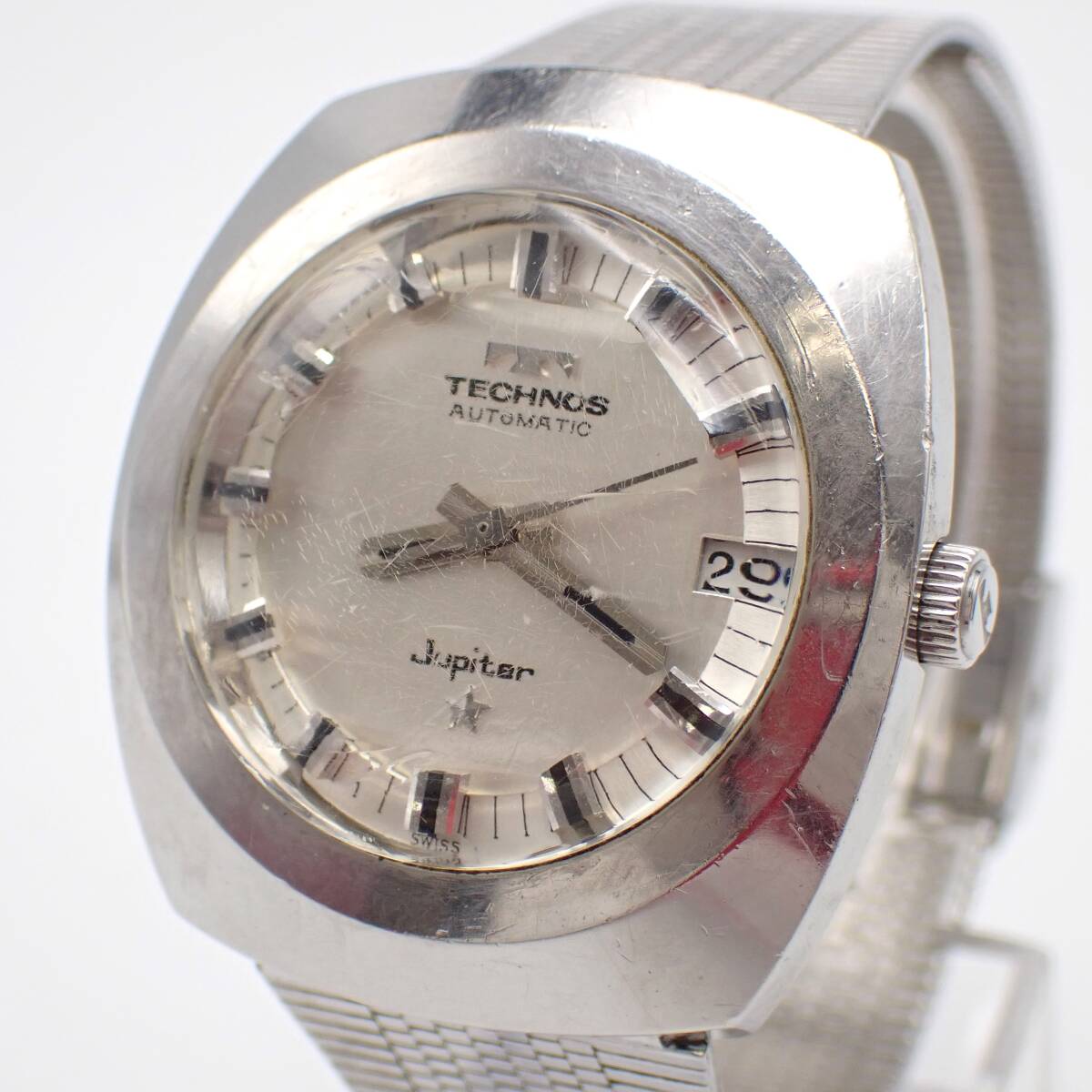 稼働品 1円～☆TECHNOS テクノス AT/自動巻き メンズ腕時計 Jupiter ジュピター T3F2297 シルバー文字盤 デイト ラウンド アンティーク