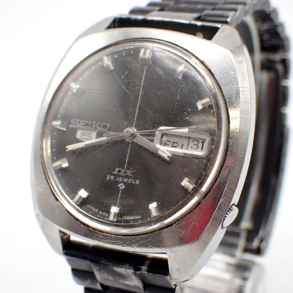 1円～☆SEIKO セイコー AT/自動巻き メンズ腕時計 SEIKO5 DX セイコー5 デラックス 6106-7010 黒文字盤 デイデイト アナログ/千0414-500