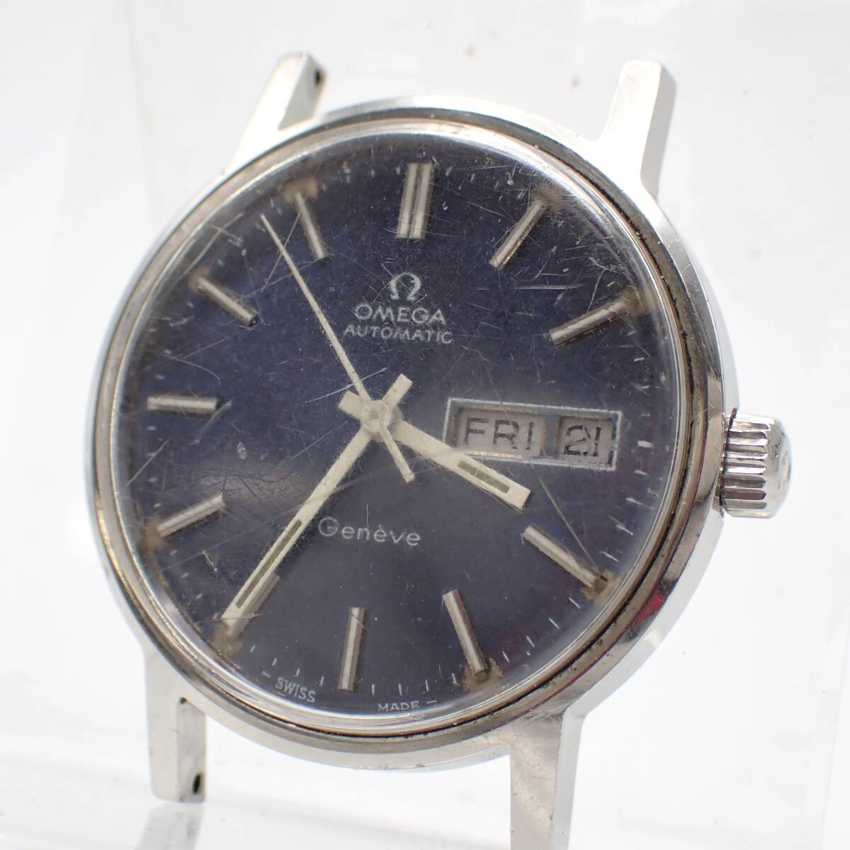 稼働品 1円～☆OMEGA オメガ AT/自動巻き メンズ腕時計 Geneve ジュネーブ 紺文字盤 デイデイト ラウンド アナログ/N0367-35200