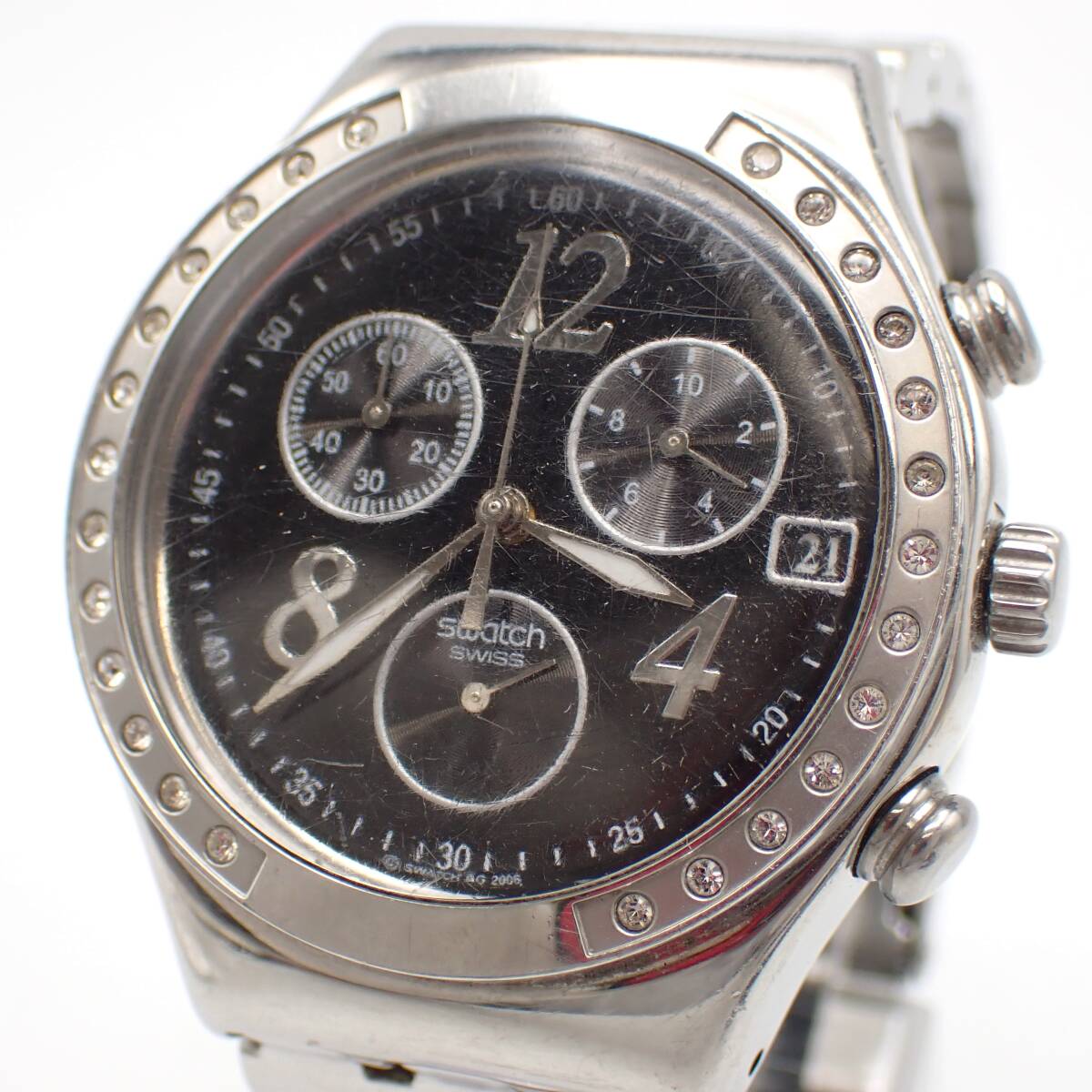 稼働品 1円～☆SWATCH スウォッチ QZ メンズ腕時計 IRONY アイロニー クロノグラフ 黒文字盤 デイト ラウンド アナログ