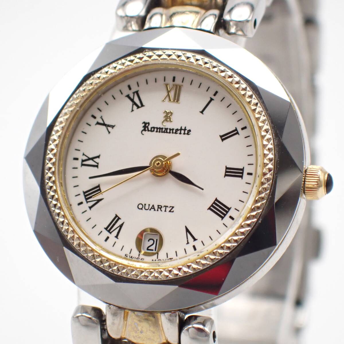 稼働品 1円～☆Romanette ロマネッティ QZ レディース腕時計 29RE3500L 白文字盤 デイト ラウンド アナログ コンビカラー 