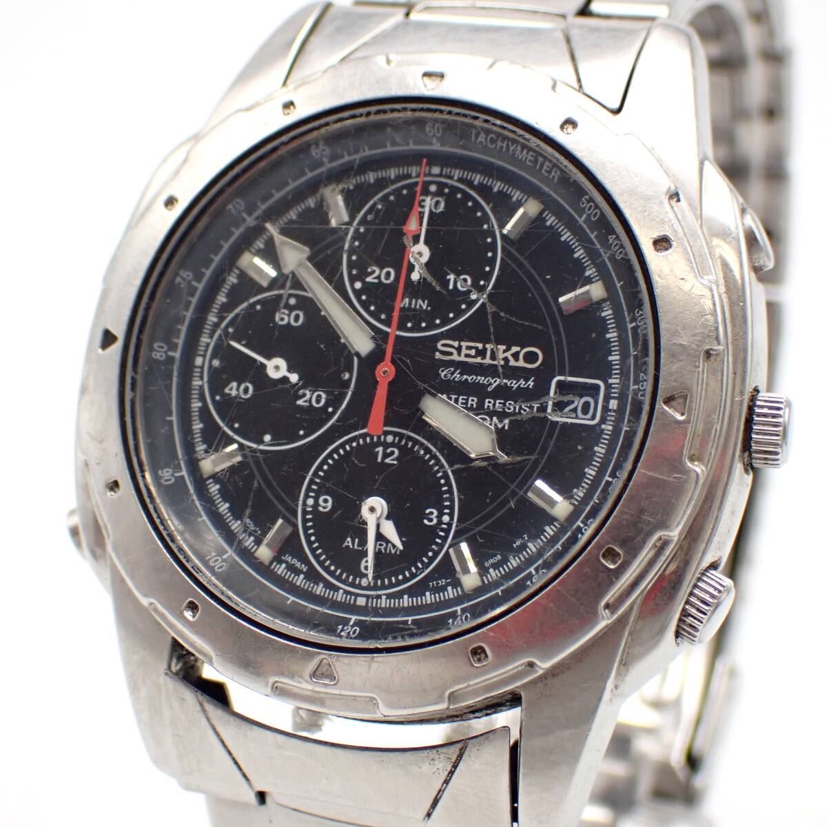 稼働品 1円～☆SEIKO セイコー QZ メンズ腕時計 7T32-6M00 クロノグラフ 黒文字盤 デイト アナログ シルバーカラー