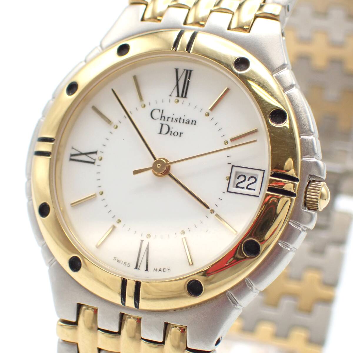 稼働品 1円～☆Christian Dior クリスチャンディオール QZ レディース腕時計 3023 白文字盤 デイト ラウンド アナログ/角0416-200