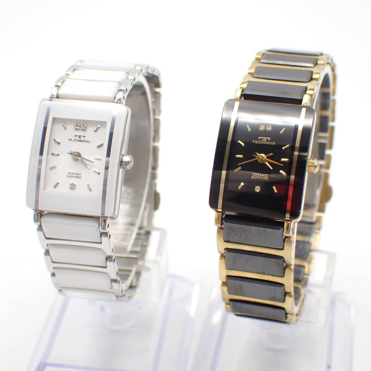 まとめ 稼働品 1円～☆TECHNOS テクノス QZ レディース腕時計 TAL-742/TEL735 セラミック 黒文字盤 白文字盤 石付き 2点セット