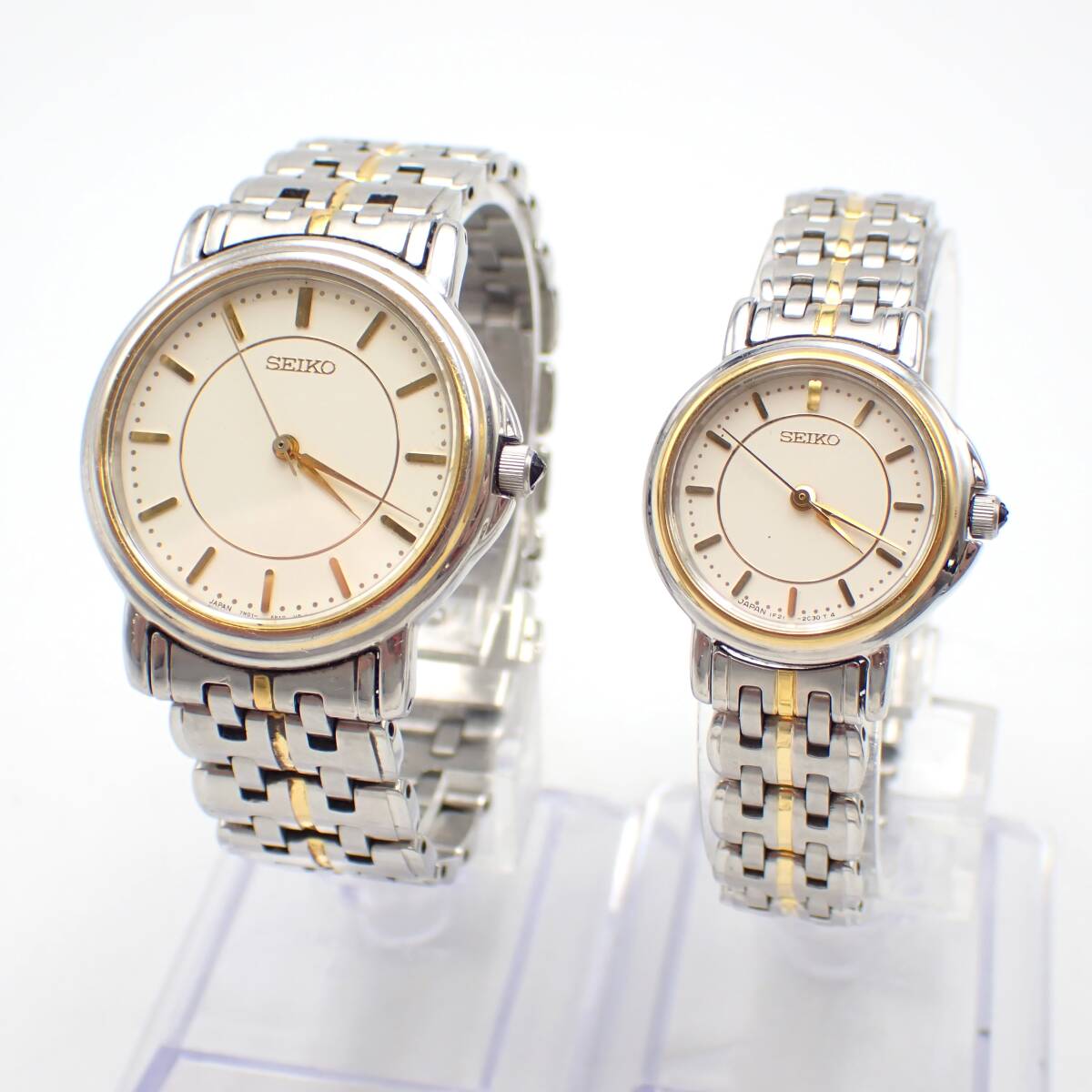 稼働品 1円～☆SEIKO セイコー QZ ペアウォッチ 7N01-6J50/1F21-0M00 アイボリー文字盤 ラウンド アナログ コンビカラー 3針
