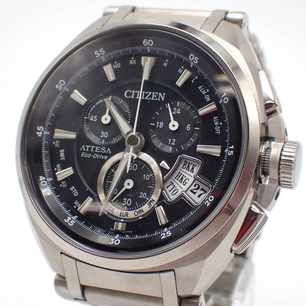 稼働品 1円～☆CITIZEN シチズン ソーラー メンズ腕時計 ATTESA アテッサ H610-T015581 クロノグラフ 黒文字盤 デイト/向0416-1000