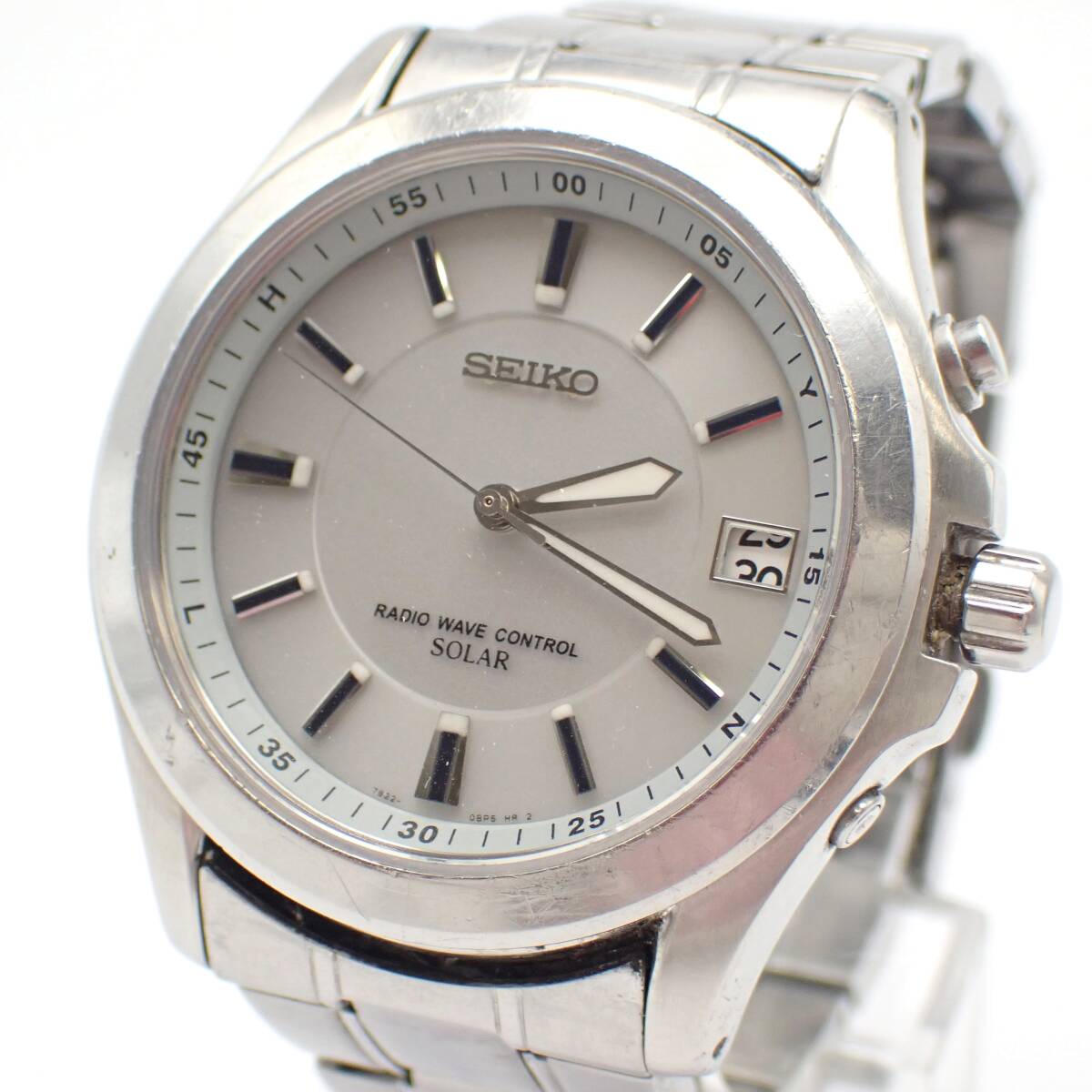 1円～☆SEIKO セイコー ソーラー メンズ腕時計 RADIO WAVE CONTROL 7B22-0AY0 白文字盤 デイト ラウンド アナログ シルバーカラー