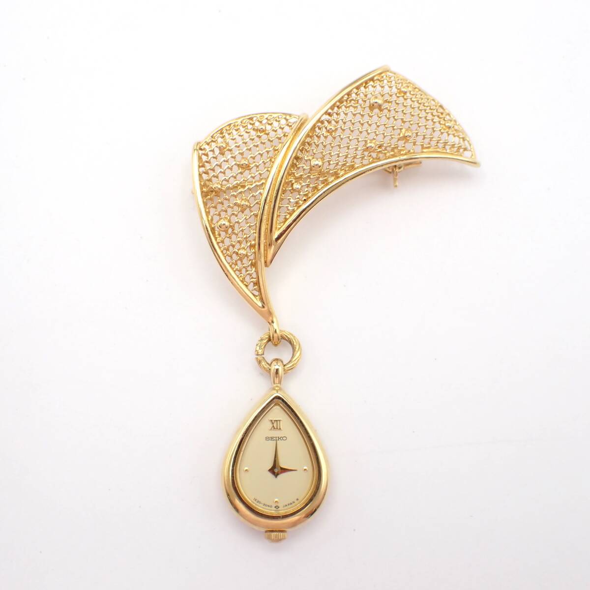 1円～☆SEIKO セイコー QZ レディース腕時計 ブローチウォッチ 1E20-6180 ゴールド文字盤 アナログ アンティーク 