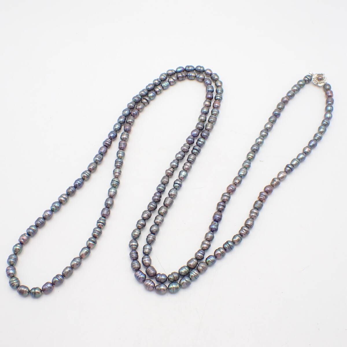 1円～☆本真珠 バロックパール ロングネックレス ブラックカラー シルバー刻印 全長160cm ファッション小物 アクセサリー