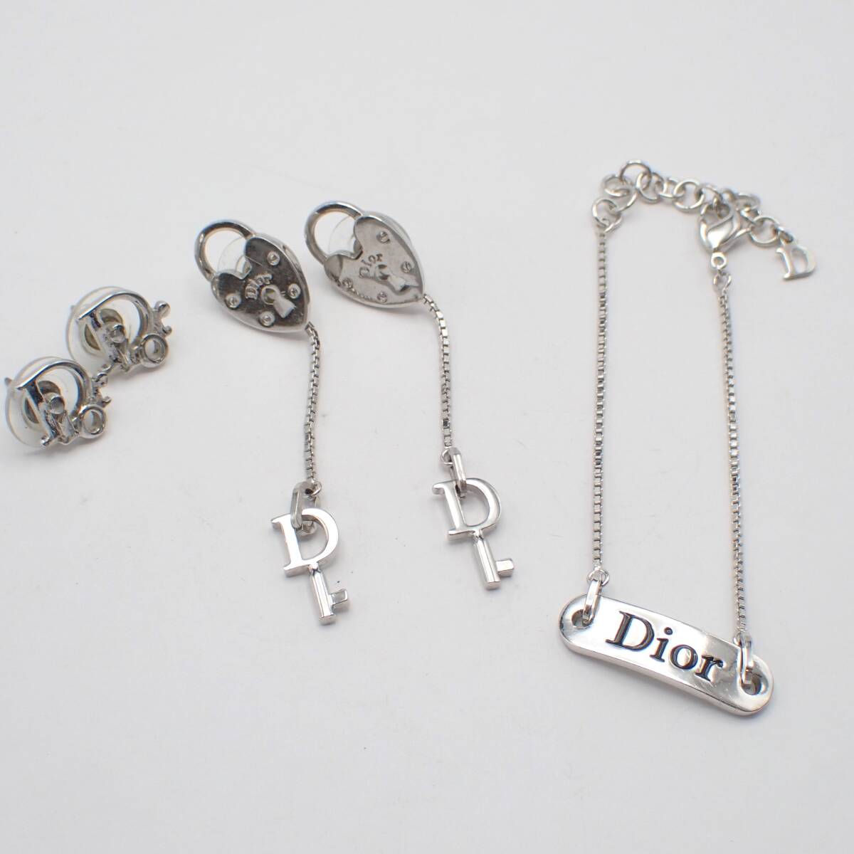 まとめ 1円～☆Christian Dior クリスチャンディオール ピアス ブレスレッド 3点セット シルバーカラー アンティークアクセ ブランド小物