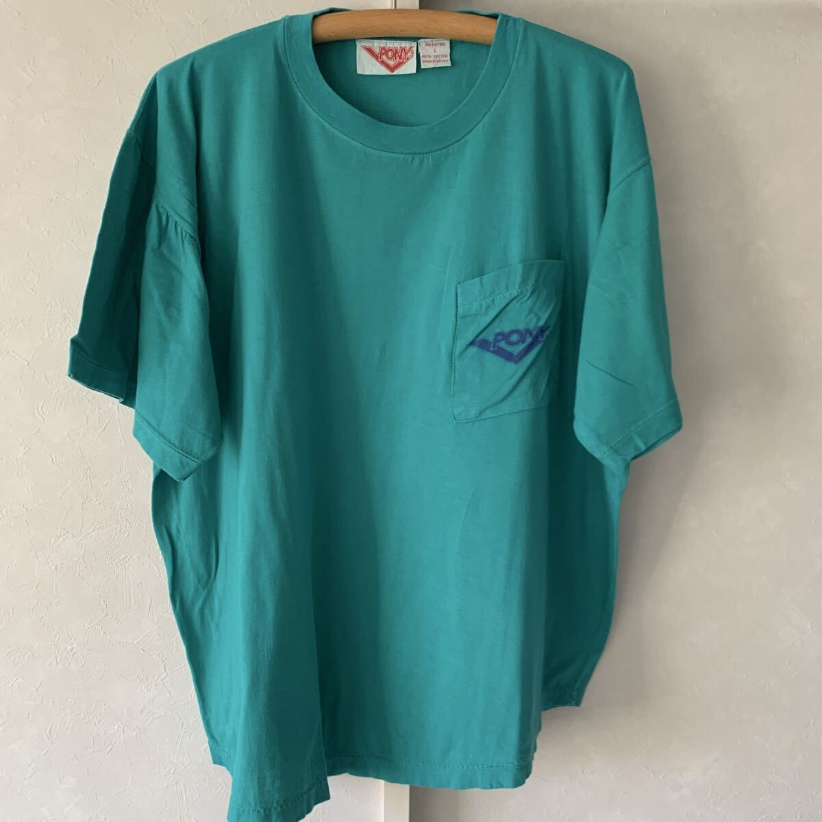 ビンテージ/PONY/ポニー/ポケットT/ポケT//企業 Tシャツ/ロゴ/Tシャツ/古着 Tシャツ/半袖Tシャツ/グリーン/シングルステッチ/Tee