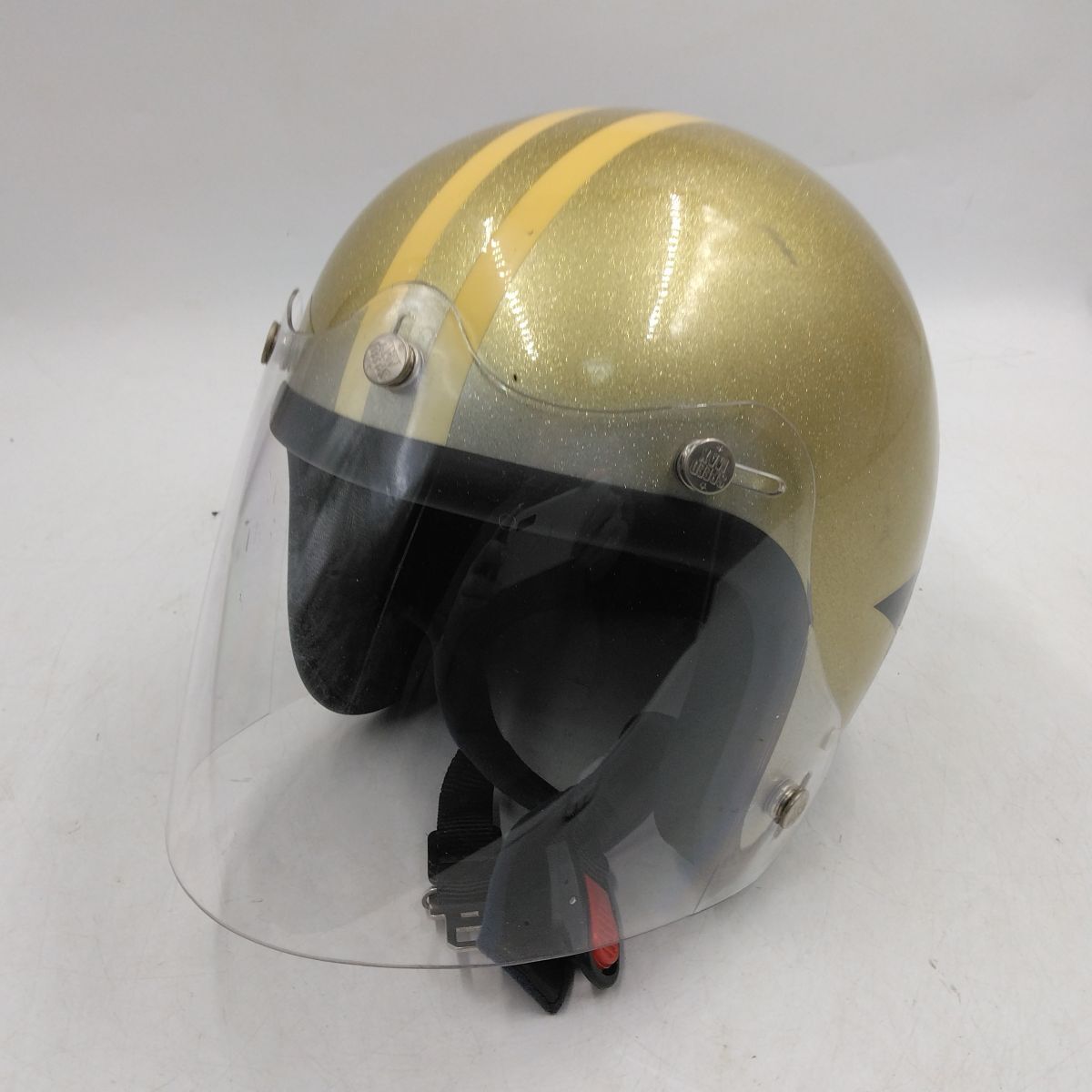 BUCO トイズマッコイ ジェットヘルメット ゴールドラメ イエローストライプ ツインライン スカルスター クリアシールド バイク ヴィンテー