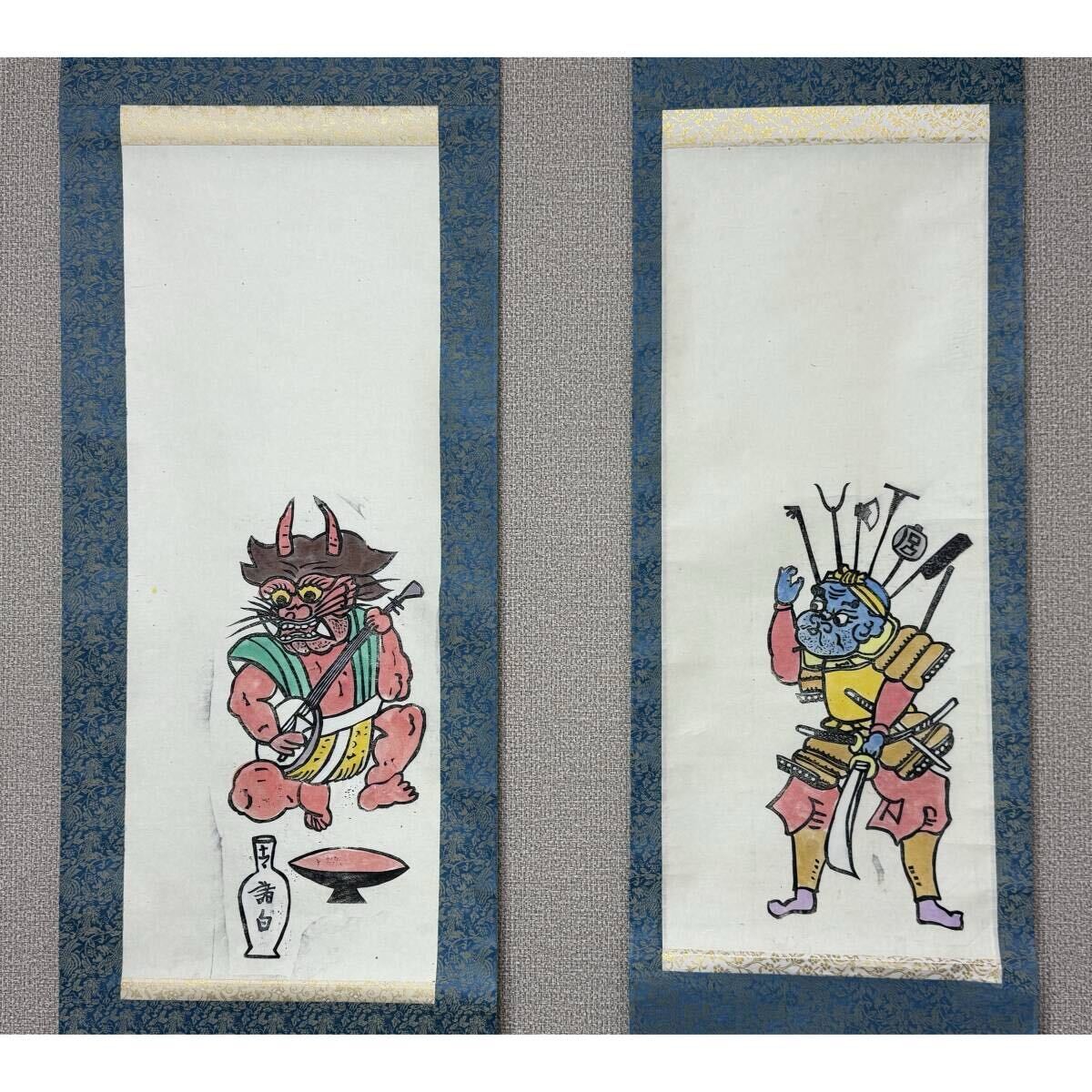 【版画】【風車】版画 大津絵版画「双幅」◎紙本掛軸◎赤鬼　おに　節分　仏教美術 骨董 古美術 美術品