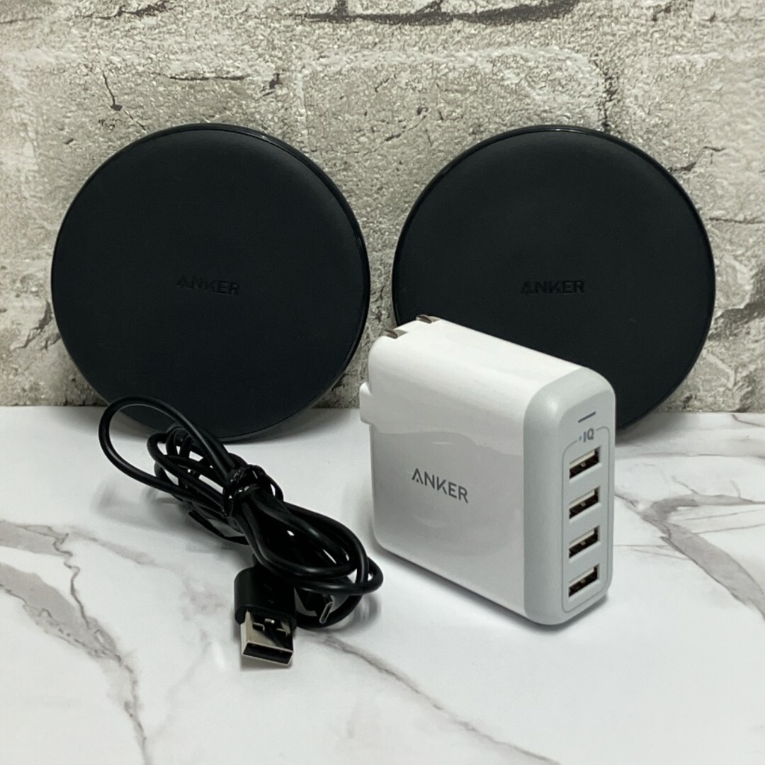 【中古】Anker USB急速充電器 & ワイヤレス充電器 3点まとめセット 合計8A高出力 Qi認証 10W出力 【160-A1/161-A1_2set】