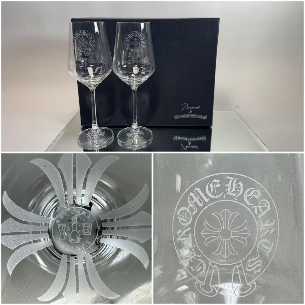 AS618　Baccarat バカラx Chrome Hearts クロムハーツ　ワイングラス　ペア　オールドファッショングラス　元箱付　H22cm