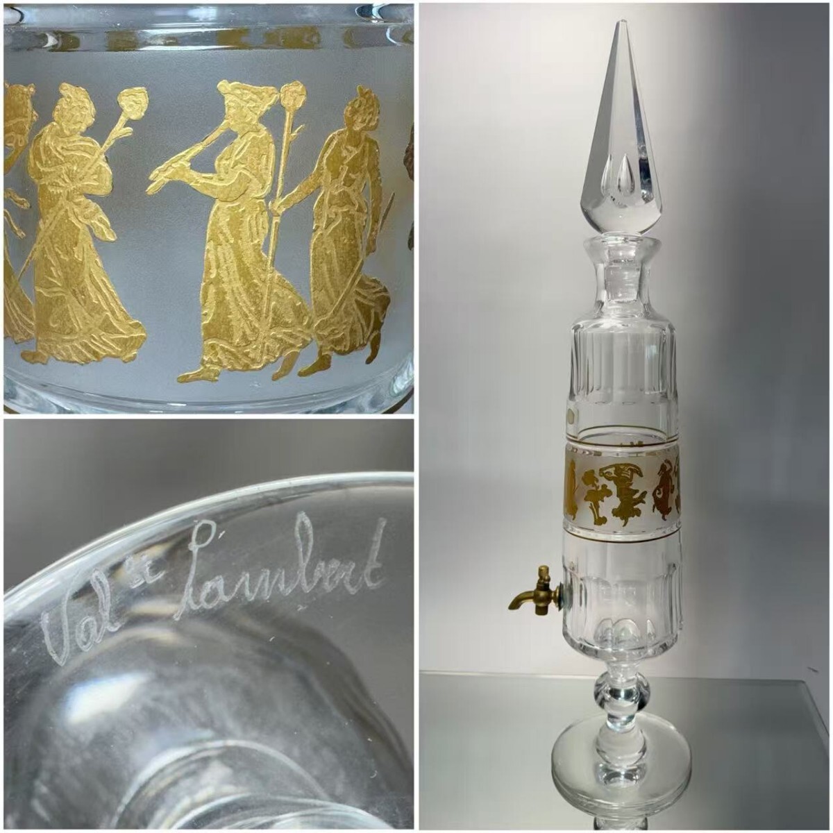 AS619　Val Saint Lambert ヴァル サン ランベール ストッパー付クリスタルディスペンサー　ヴィンテージ　金彩文　酒器　希少品　H55.5cm