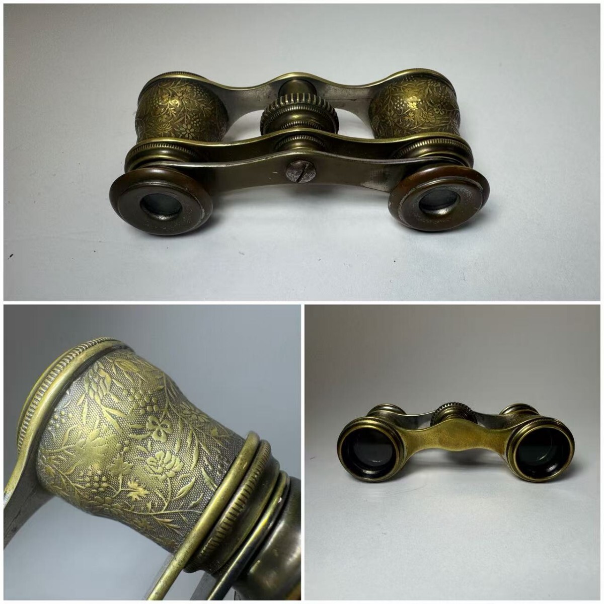 AS628　アンティーク　双眼鏡　オペラグラス　時代物　唐草紋　真鍮製　　ヴィンテージ　現状品
