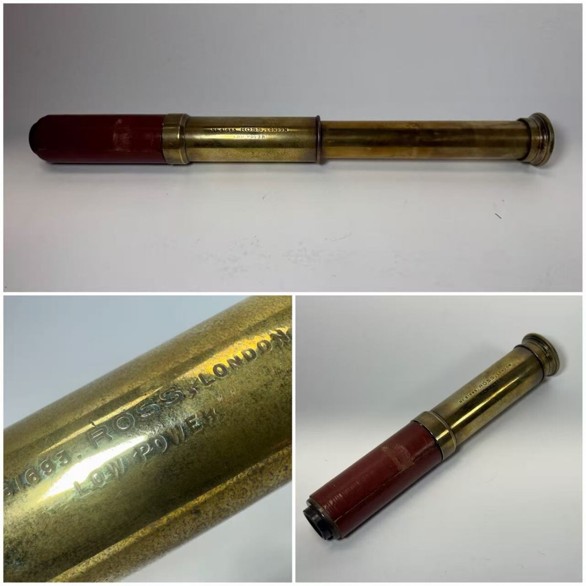 AS633　アンティーク　単眼鏡　ROSS London 望遠鏡　置物　時代物　伸縮真鍮製　英国ヴィンテージ　現状品　全長32.5cm