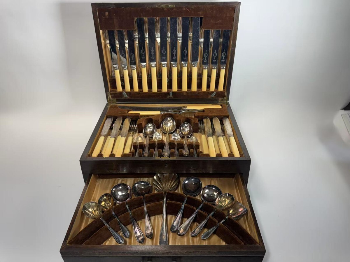 AS621　英国アンティーク　 樹脂ハンドル フィッシュカトラリー　シルバープレート　ヴィンテージ　元箱付　66点セット