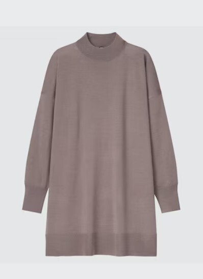 ④美品【 ユニクロ UNIQLO 】エクストラファイン メリノブレンド モックネック チュニック セーター ブラウン モカ系 M