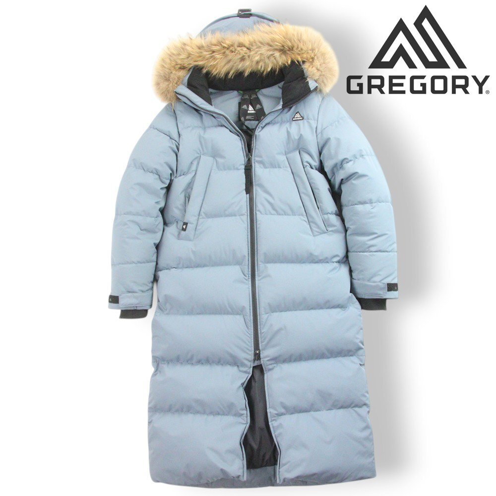 極美品 GREGORY グレゴリー 取外しポーチ付き VEILED ラクーンファー フーデッド ロング ダウンコート 青 ブルー S【参考価格￥45,000-】
