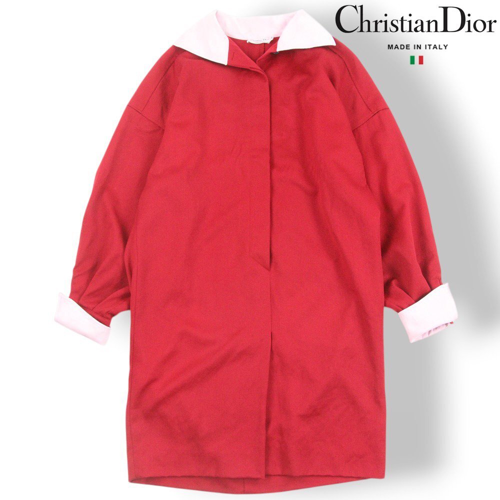 中古 イタリア製 Christian Dior クリスチャンディオール ウール 比翼仕立て オーバーサイズ ロングコート 赤 42【参考価格￥250,000-】