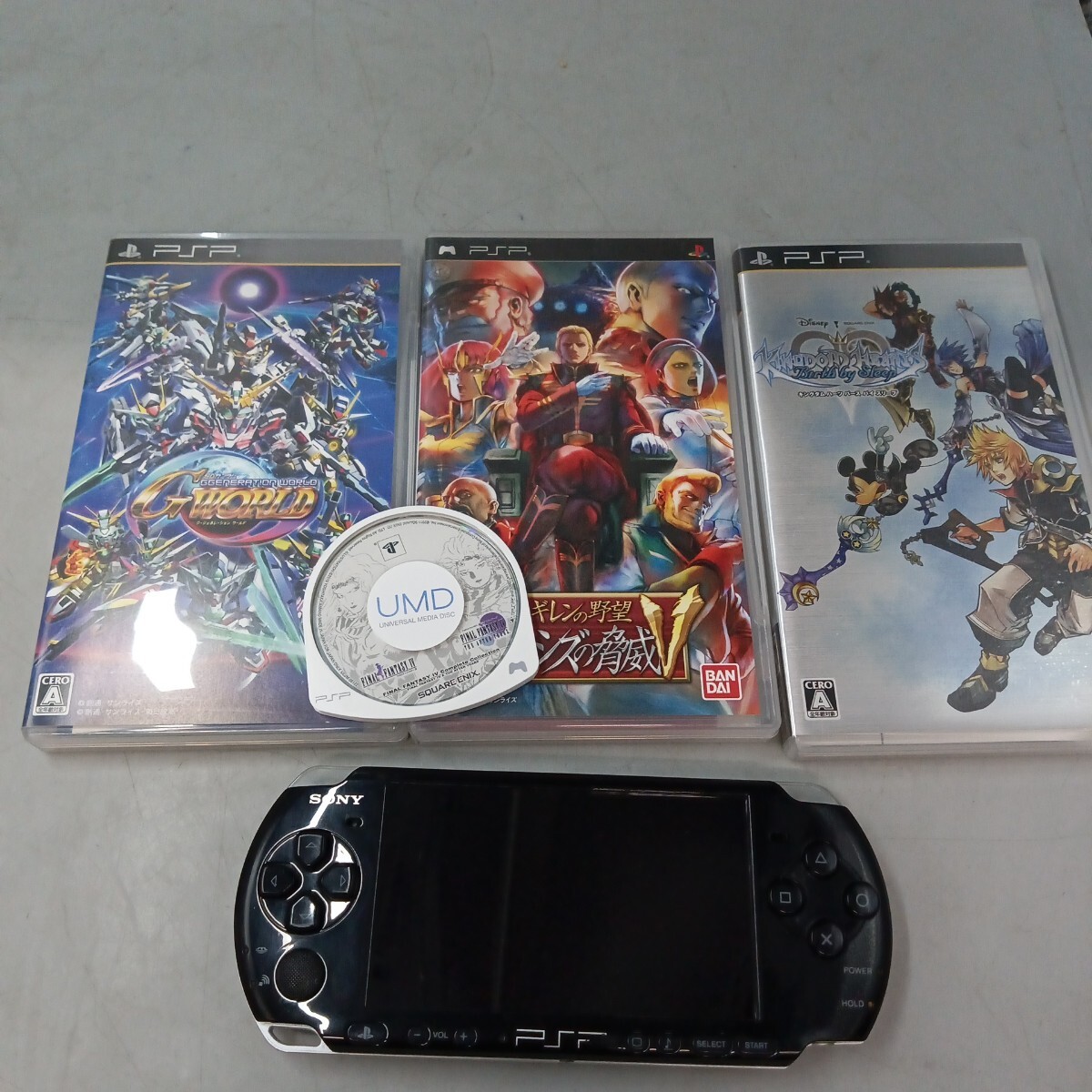 D PSP プレイステーションポータブル PSP-3000 ソフト4個セット ブラック HJ0855109 キングダムハーツ ガンダム 等 動作未確認