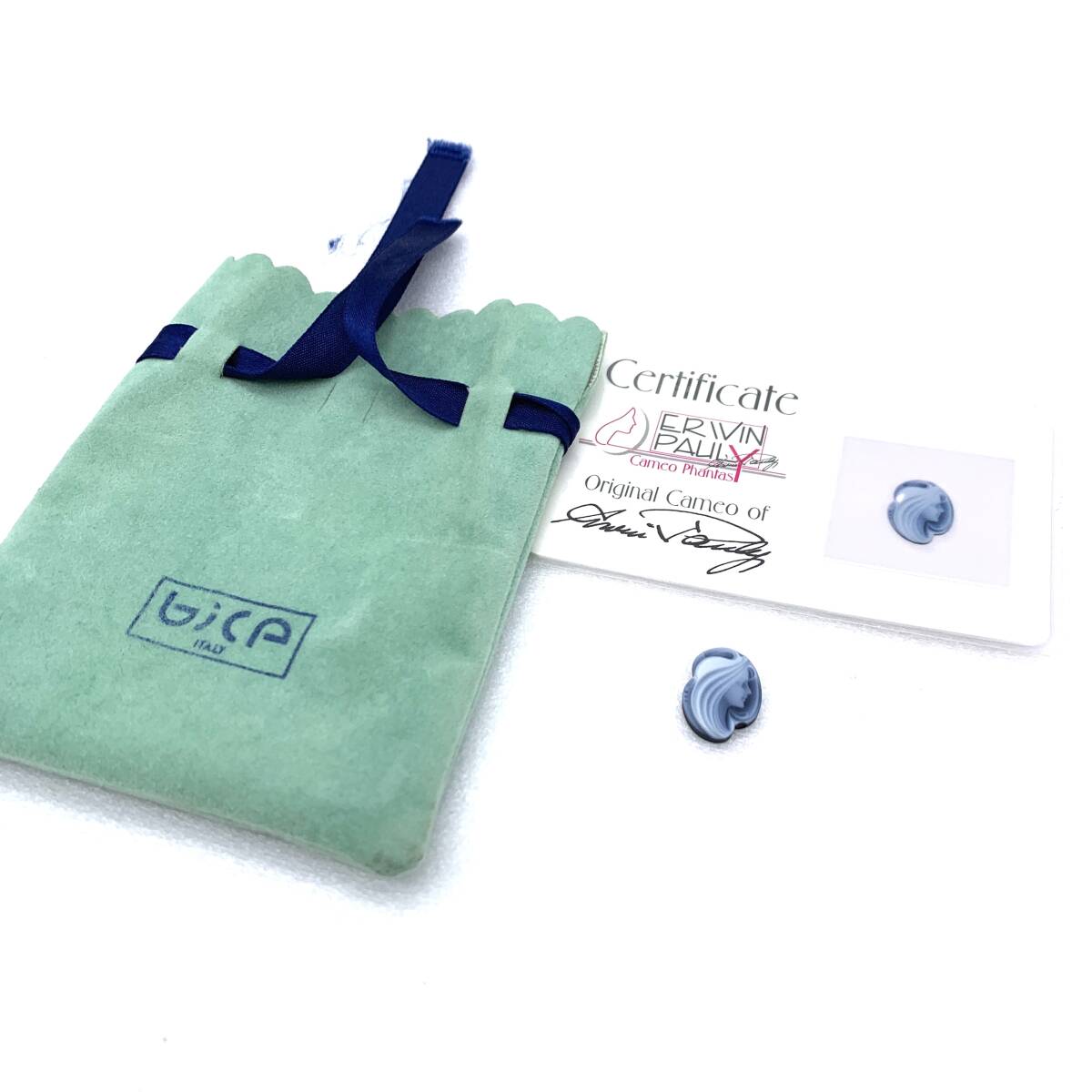 TY3135■ストーンカメオ 作家もの Erwin Pauly エルヴィン・パウリー 白×青 カード付き 売り切り 1点もの 宝飾品 1円スタート