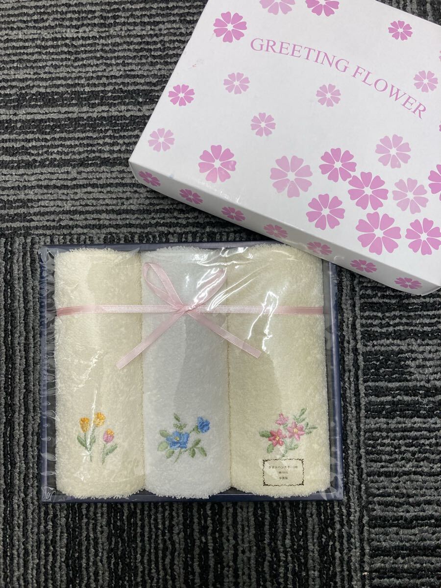 1円スタート 未使用品 GREETING FlOWER ギフト タオルハンカチ 綿100% 花柄 0417T②