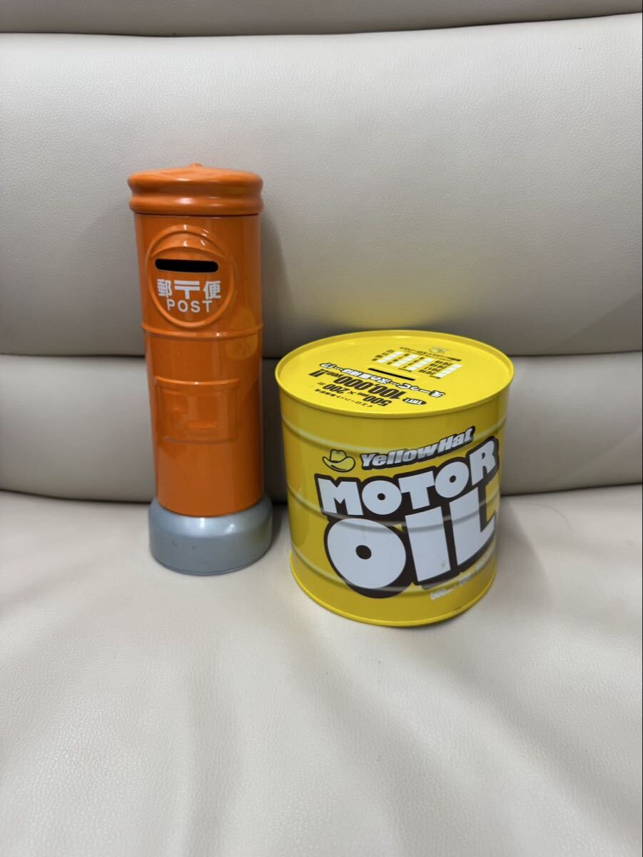 1円スタート　0418w⑦ 郵便ポスト型貯金箱 Yellow Hat MOTOR OIL 缶 2個セット レトロ