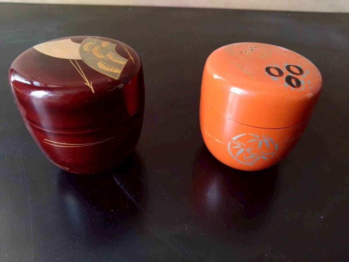 茶入 茶道具 茶器 漆塗 朱塗 2個セット 昭和レトロ 棗 なつめ 漆器