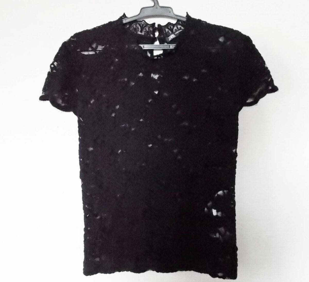 ZARA ザラ 黒ストレッチ 総レース&メッシュ半袖ハイネックカットソー/Tシャツ USA M
