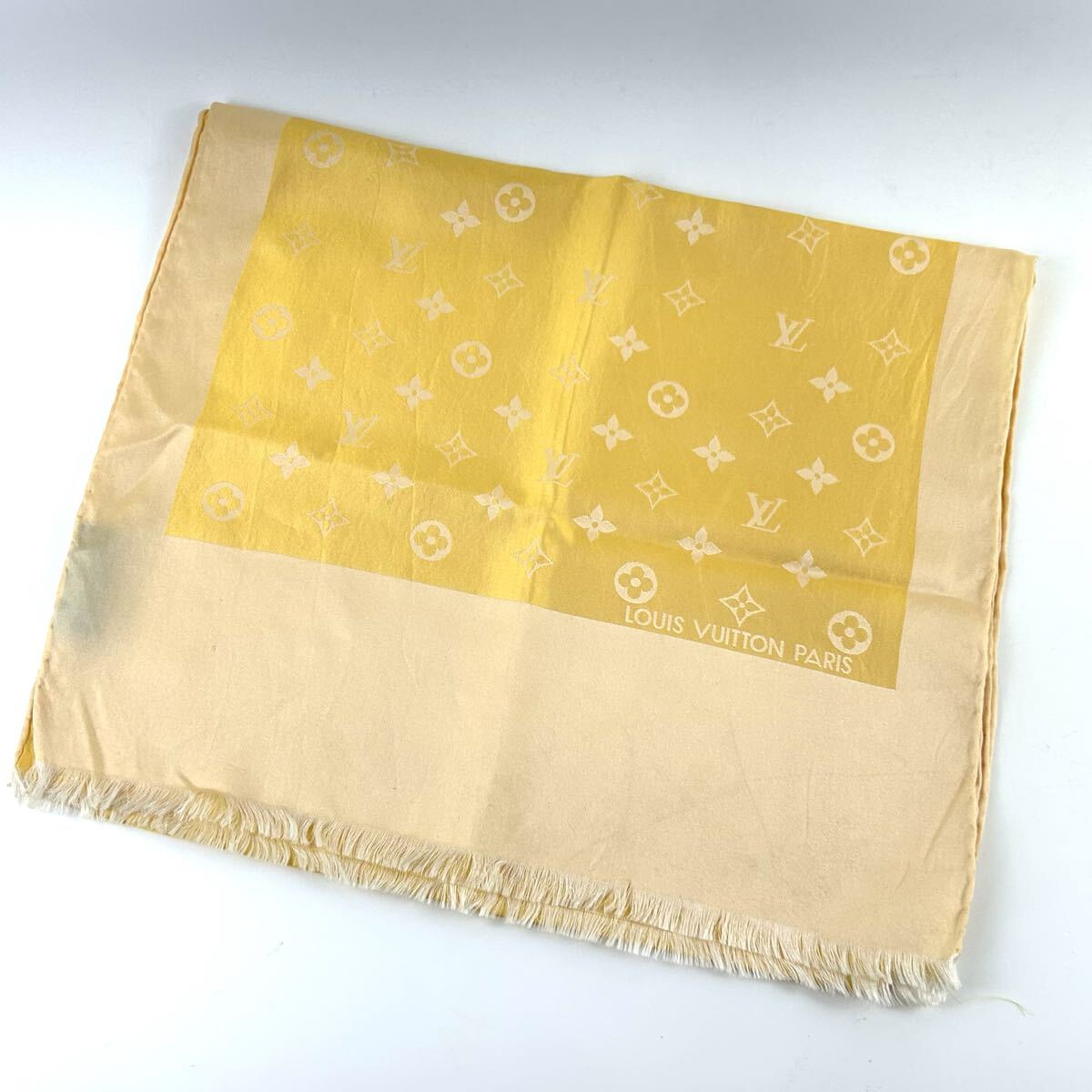【TTH035】LOUIS VUITTON ルイヴィトン スカーフ ストール エシャルプ カプリ M71051 シルク100% モノグラム ベージュ系 フリンジ 小物