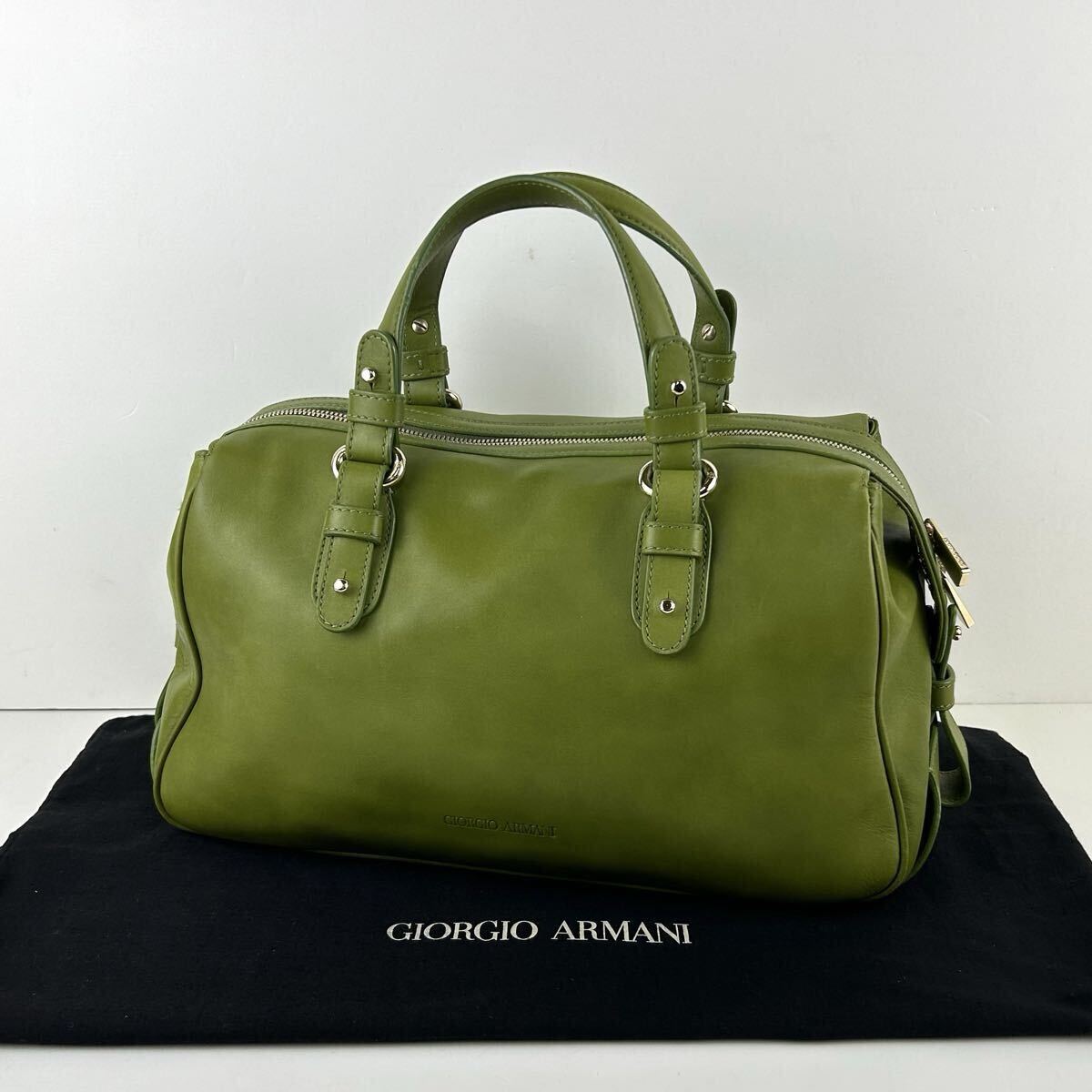 【STK5503】美品 GIORGIO ARMANI ジョルジオ アルマーニ バッグ ハンドバッグ ミニボストンバッグ グリーン 緑 レザー シルバー金具 袋付