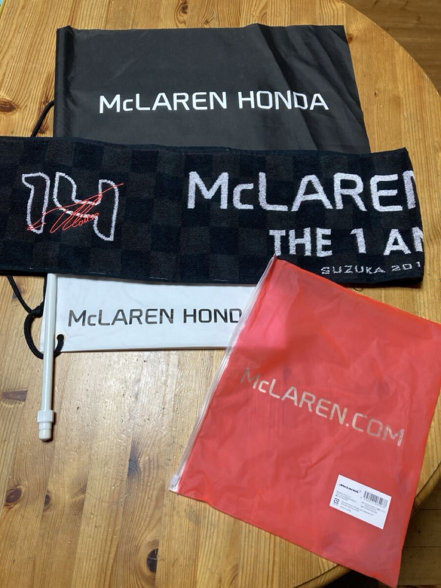 【希少】McLaren Honda マクラーレン ホンダ グッズ 4点セット　応援muffler, Maclaren flag, White bag, red venal porc Kamui サイン入り