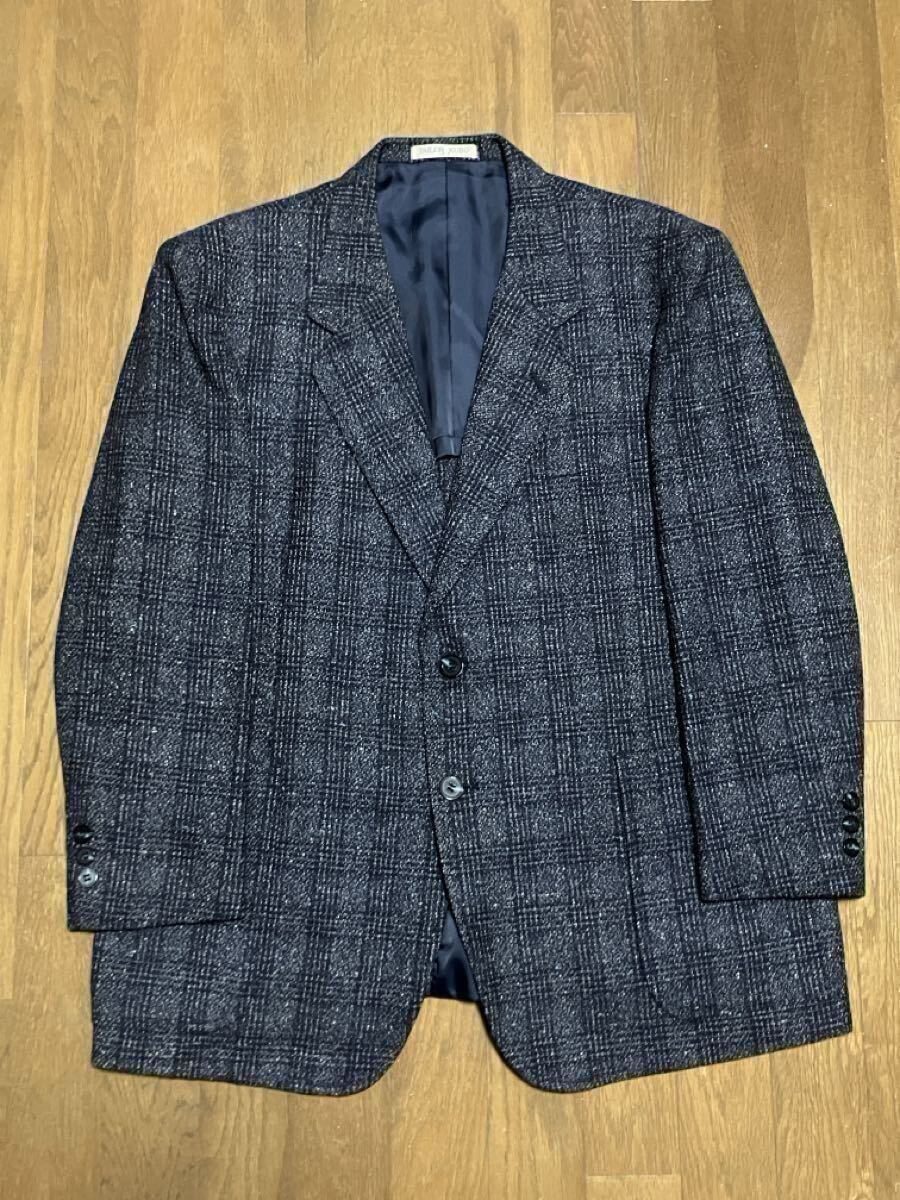80s～ TAILOR KUBO 2つボタン テーラードジャケット made in Japan WOOL 紺 ネイビー グレンチェック テーラー久保 日本製