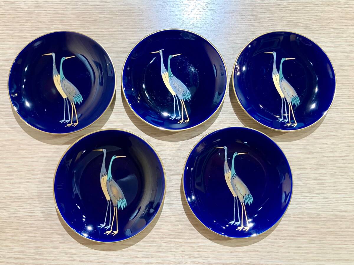 香蘭社　瑠璃金彩　鶴文　銘々皿 　5客揃　取り皿　小皿　プレート　和食器　縁起皿