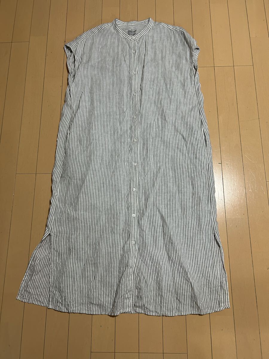 美品無印良品MUJIリネンストライプワンピースML麻100%
