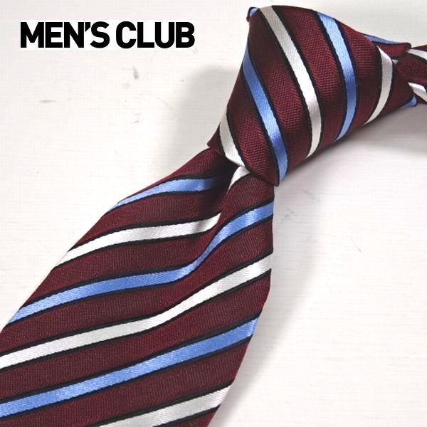 ◎新品 MEN'S CLUB メンズクラブ 撥水加工 絹シルク100％ ネクタイ ワイン水白紺 ストライプ 長袖シャツ スーツ ビジネスに