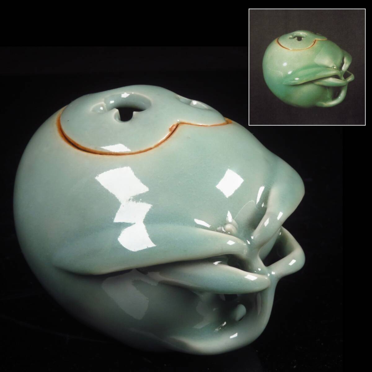 【SAKURAYA】図録掲載作品 そのもの【鍋島青磁 桃果形香炉】青磁 鍋島 香櫨 香道具 茶道具 箱 骨董品 古美術品 希少 時代 コレクター所蔵品