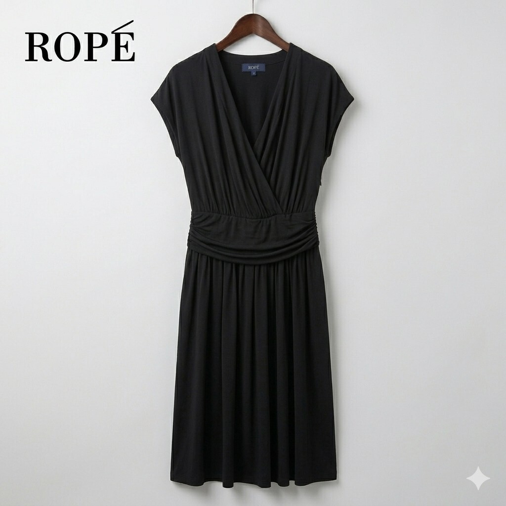 【新品】ROPE ロペ カシュクールカットソーワンピース ウエスト切替デザイン レーヨン100% 落ち感 ブラック 黒 サイズ9 フォーマル ドレス