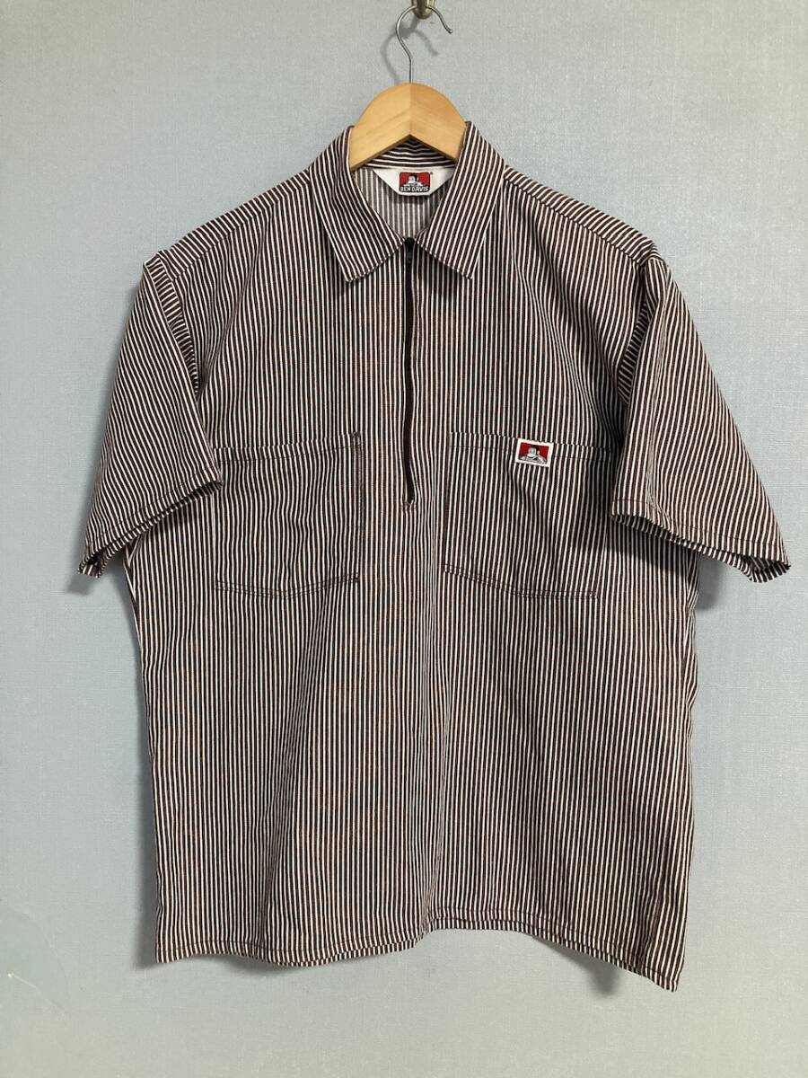★BEN DAVIS ベンデイビス ストライプ柄 ハーフZIP プルオーバー 半袖シャツ M USA製 ワークシャツ MADE IN USA オールド OLD