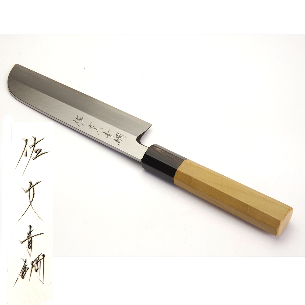 未使用　包丁　佐文　青鋼　鎌薄刃　刃 180㎜　八角水牛柄　955