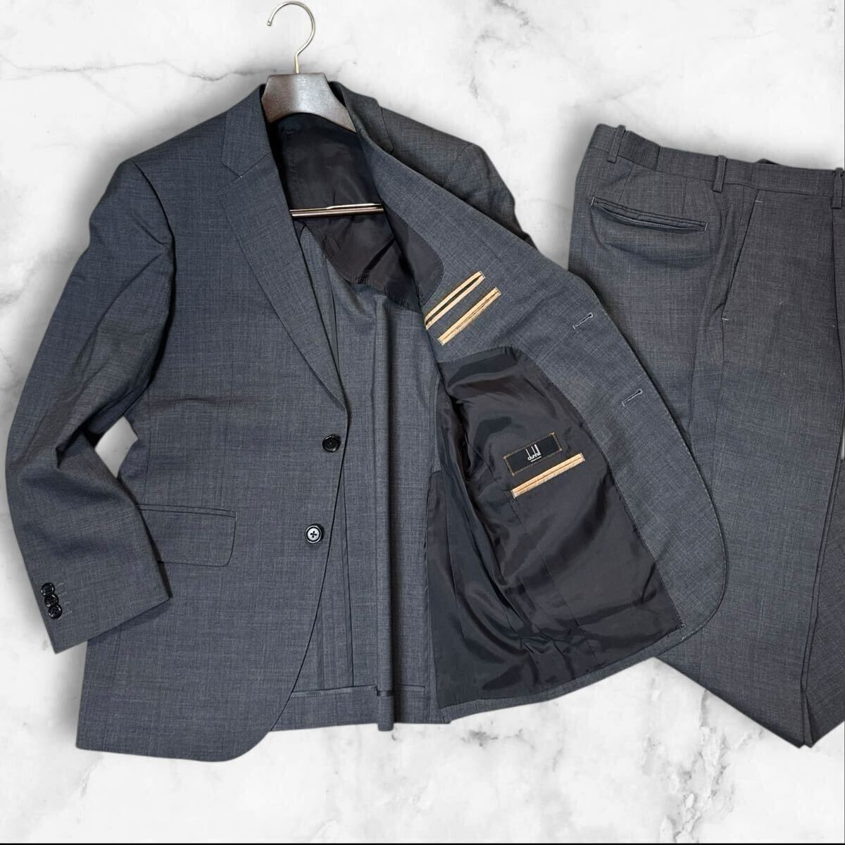 MG08 美品【アルフレッドダンヒル/dunhill 】オーダー ソリッド スーツ セットアップ ウール100% メンズ 2B 背抜き グレー系 L相当 92A5