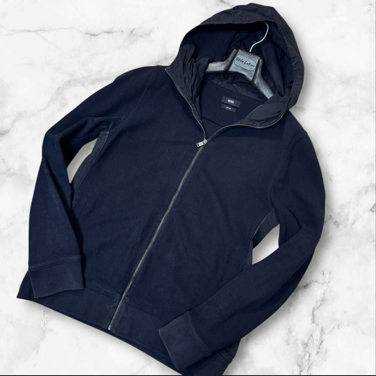 ZR04 Mサイズ●HUGO BOSS ヒューゴボス slim fit フード パーカー ジップ ジャケット ストレッチ BOSSロゴ ダークネイビー 大谷翔平