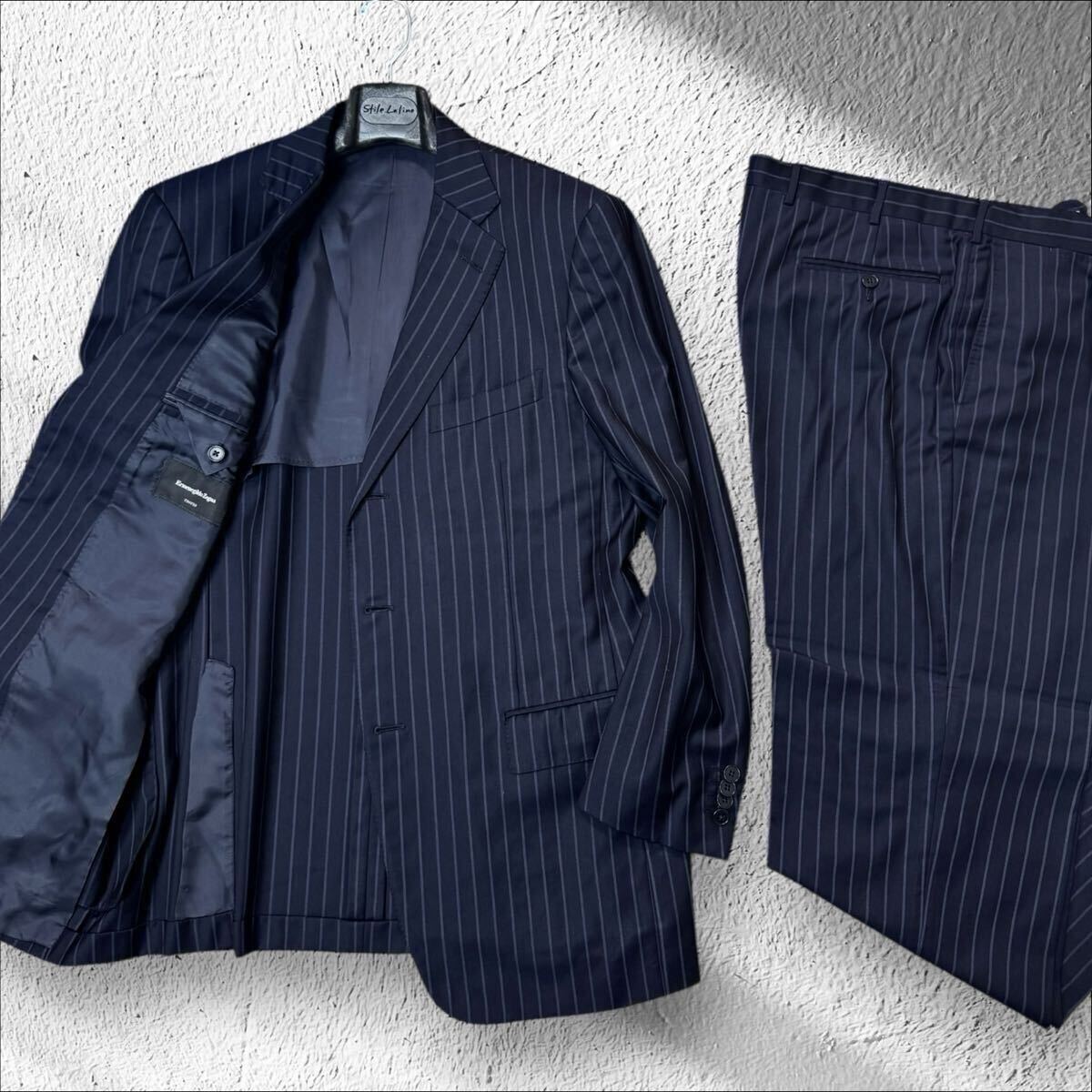 ZR03 本家!!希少7-52R XXL位!!最高峰トロフェオ!!光沢感◎【Zegna/ゼニア】FIT ROM スーツ セットアップ ネイビー ストライプ イタリア製 