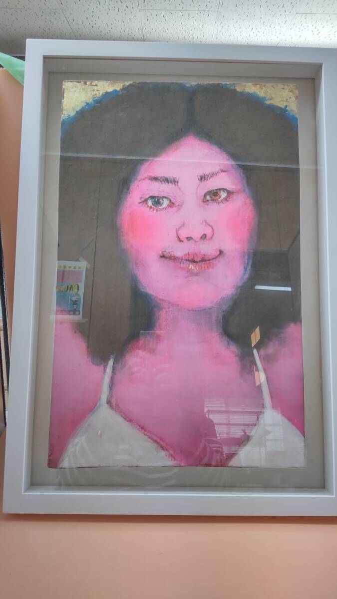 【D008】真作 荒川由貴「SUMMER2009～バシトゥ・ダルジェントの夏」M10号 麻紙 岩絵の具 アクリル絵の具 青金箔 額装 ミクストメディア