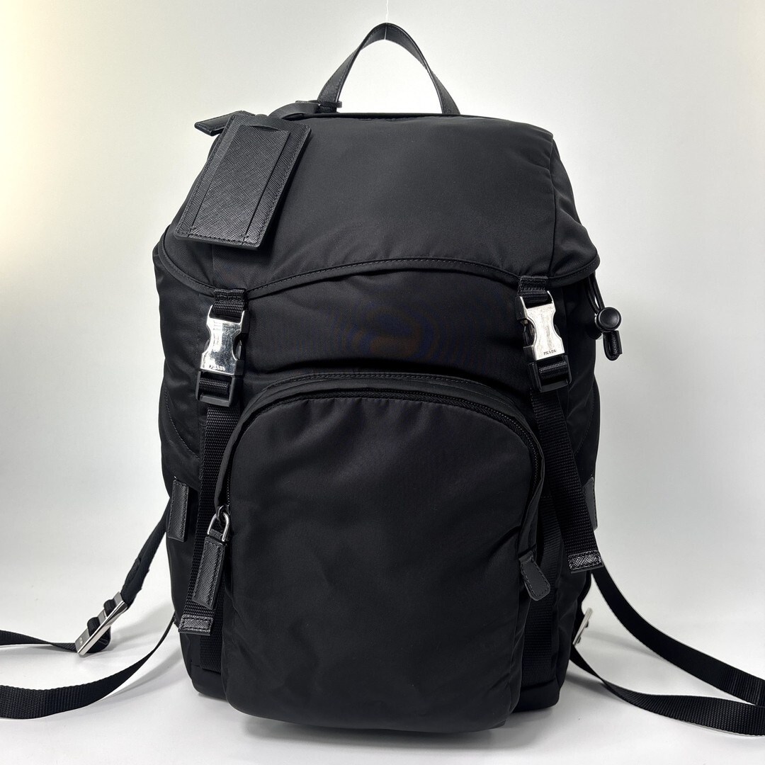 新品同様 PRADA プラダ テスートナイロン メンズ リュック 2VZ135 ブラック 黒 レザー NERO 黒 ブラック シルバー金具 バックパック