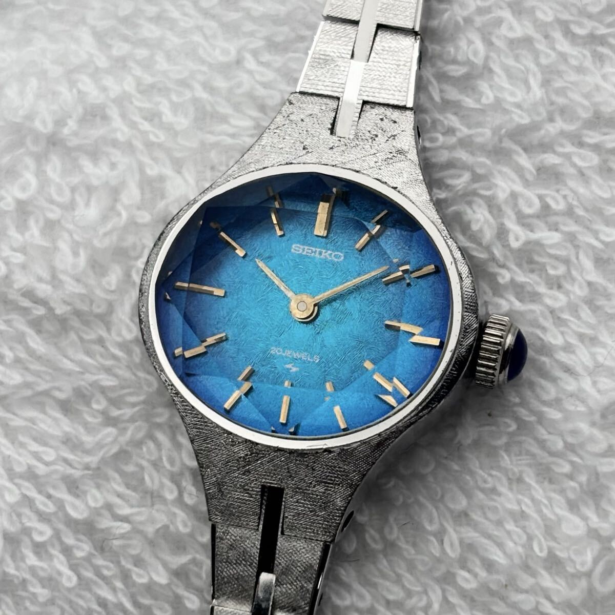 【超希少 モルフォ蝶文字盤 稼働】SEIKO セイコー 手巻き 17-7240 腕時計 レディース 多面カットガラス Blue ブルー JAPAN vintage 